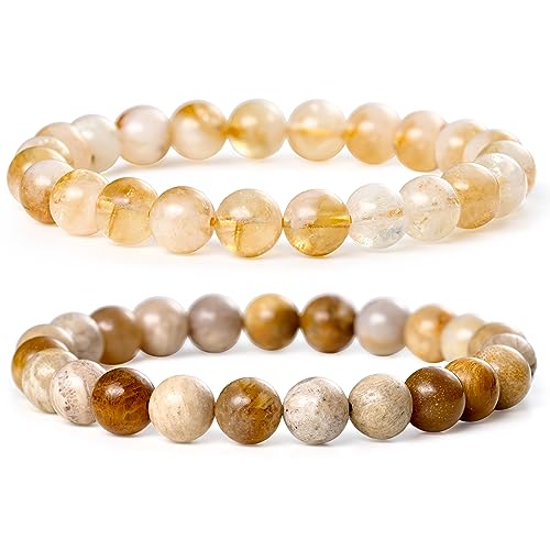 Bivei Natural Gemstone Semi Precious Healing Crystals Handmade Stretchy Round Beads Bracelet,Stocking Stuffers for Women Enhance Positive Energy - color: 8mm Citrine & Coral Jade (Wealth), size: Small: 6.5-6.7 inch