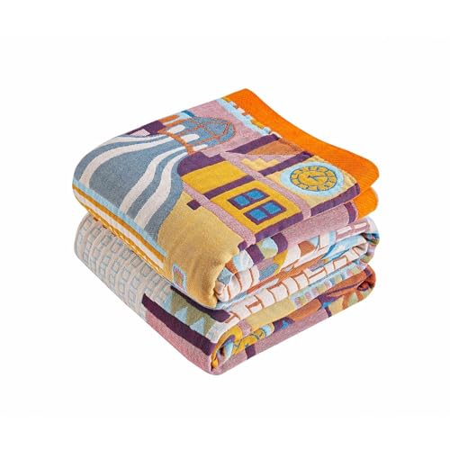 Boho Throw Blanket 100% Cotton Muslin Woven Blanket Bohemian Bed Throws Vintage Rustic Farmhouse Decor Reversible Bed Blanket Quilt for All Seasons（Pink 80"x90"） - color: B-pink Town, size: Full-80"x90"
