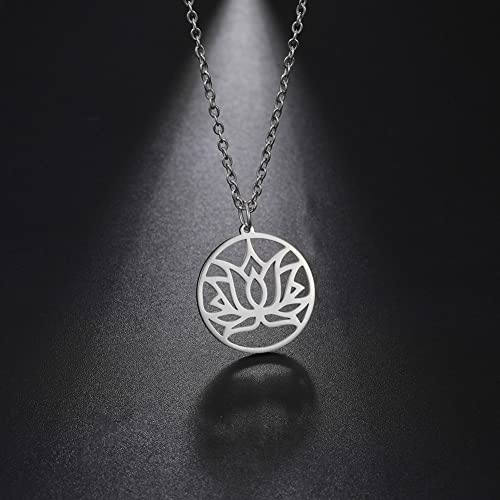 TEAMER Lotus Necklace Stainless Steel Flower of Life Necklace Yoga Meditation Pendant Inspirational Jewelry For Women - color: Style 4 - Silver