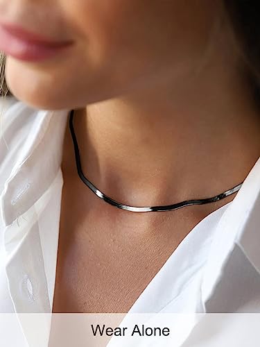 FOCALOOK 14K Gold Plated Necklaces for Women, Fashion Herringbone Choker Necklace Stainless Steel Flat Snake Chain 3/5MM(W) 12.5"/15"/18"+3.5"(L) - color: 3MM-Black-15"