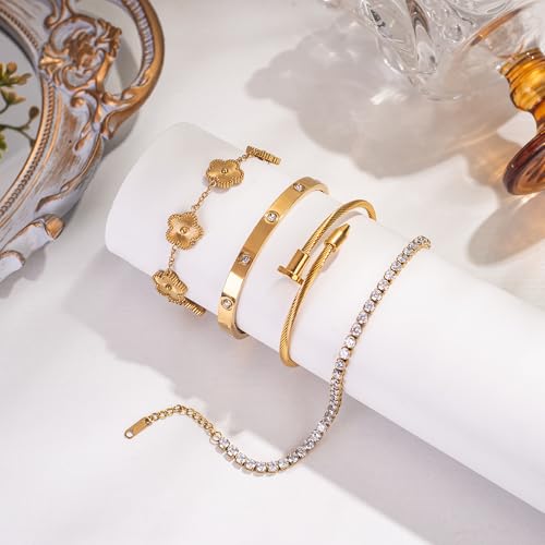 18K Gold Plated Bangle Bracelet Set for Women Stackable Lucky Floral Adjustable Tennis Bracelet Non Tarnish Gift Jewelry for Christmas Valentines Birthday Mother's Day - color: Gold