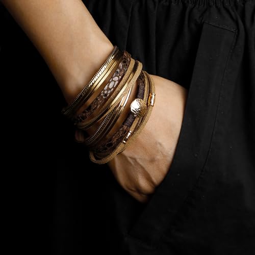 Fesciory Leopard Bracelet for Women, Boho Leather Wrap Multi-Layer Pearl Crystal Bracelet Bangle Jewelry - style: Disc(Brown)-Double Wrap