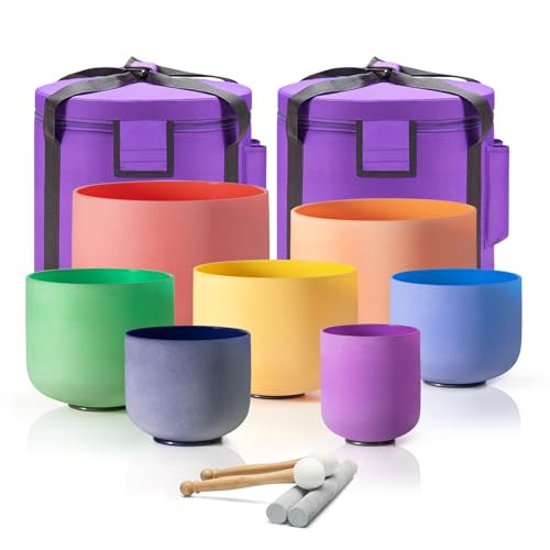 CVNC Set Of 7 PCS 440HZ 6-12 Inch Colored Frosted Chakra Quartz Crystal Singing Bowls Sound Healing Instrument with 2 PCS Travel Carry Case Bag for Meditation