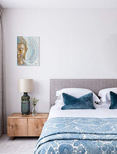 Gold Buddha Canvas Wall Art: 3D Textured Mandala Flower Blossom Buddha Painting Zen Print Picture on Blue for Yoga Meditation Room Bedroom Framed and Ready to Hang 12"x16" - color: Buddha with Mandala, size: 12"x16"x1