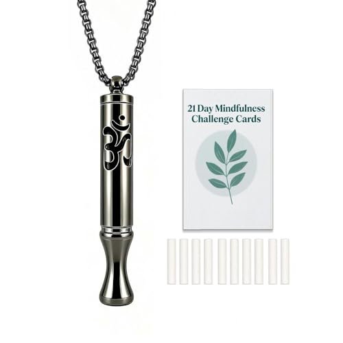 Stainless Steel Breathing Necklace with Meditation Cards, 2-in-1 Aromatherapy Necklace for Calm, Stress Support, Focus, and Urge Management for Women Men - color: Black, style: Necklace with card