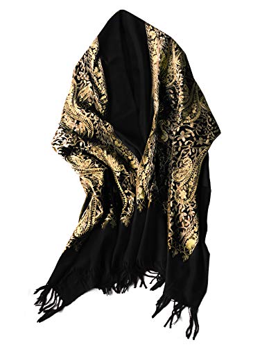Urban CoCo Women's Embroidered Oversize Tassel Shawl Scarf Wraps for Women - color: #3-black