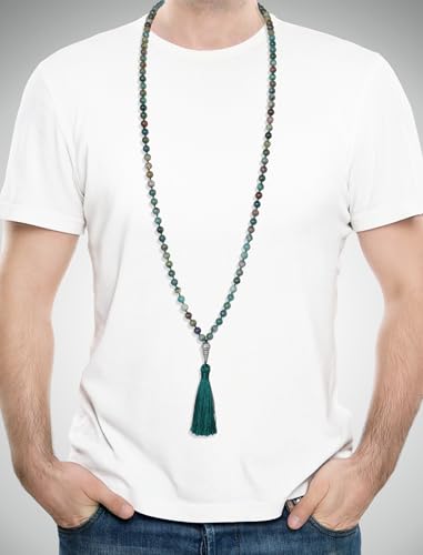 Mala Beads 108 Handmade Necklace,Natural Indian Agate Turquoise Amethyst with Alloy Guru Bead and Tassel,43.2 Inches for Prayer,Meditation,Yoga - color: Indian Agate