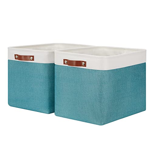 HNZIGE Extra Large Fabric Storage Bin Baskets for Organizing Shelves [2 Pack] Storage Baskets for Closet 16" X 11.8" X 11.8" Rectangular Storage Basket Bin for Organization Living Room(Teal&White) - color: white&teal, size: 16" x 11.8" x 11.8"-2 Pack