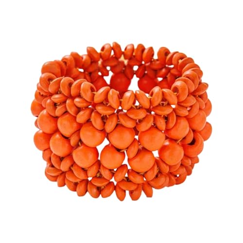 Handmade Wooden Bead Bohemian Elastic Stretch Bracelet Colorful Flower Pattern Design for Women Summer Beach Holiday Jewelry Lightweight - color: orange