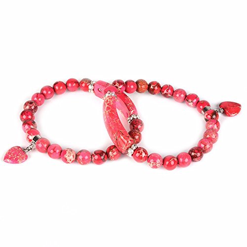 Justinstones Gem Semi Precious Gemstone Love Heart Charm Stretch Beaded Bracelet Unisex - color: Dyed Red Sea Sediment Jasper