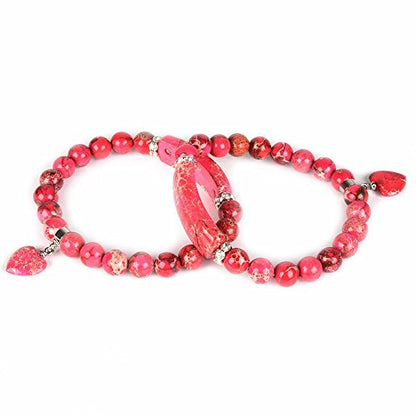 Justinstones Gem Semi Precious Gemstone Love Heart Charm Stretch Beaded Bracelet Unisex - color: Dyed Red Sea Sediment Jasper