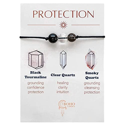 BOHO GARDEN Healing Bead Bracelets - Spiritual Crystal Beaded Bracelet - Made of 3 Real & Natural Gemstones, Adjustable 3-9.7” Black Rope - Gem Stones Jewelry for Men, Women, Teens (13+) - 8mm Bead - color: Protection