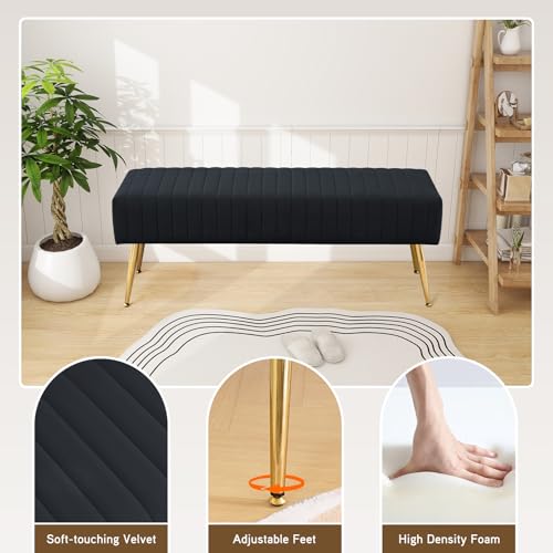 Furnimart 44 Inch Bedroom Ottoman Bench, Black Upholstered End of Bed Bench with Gold Legs for Living Room Bedroom Dinning Room Entryway, Black - color: Black