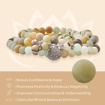 Natural 108 Mala Amazonite Beads Yoga Necklace with Lotus Pendant, Gemstone Beads Wrap Bracelet for Meditation & Mindfulness, Stretch Prayer Beads Necklace for Women & Men, Stress Relief Mother's Day Spiritual Gifts, Includes Gift Box - 6mm