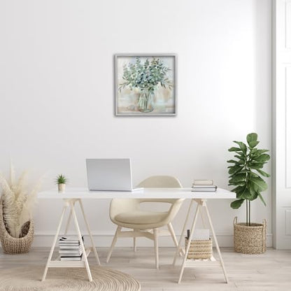 Stupell Industries Soothing Eucalyptus Flower Herb Arrangement Rustic Jar Framed Wall Art, Design by Nan - color: Farmhouse Gray (Textured), size: 24"L x 24"W, style: Framed Giclée (1.5"D)