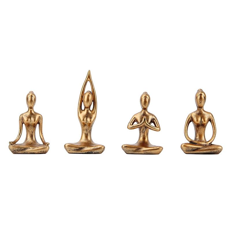Yoga Pose Statue Set (4 Pcs), Abstract Figurines for Shelf Decor, Zen Meditation Accessories for Home & Office, Spiritual Gift (Gold)