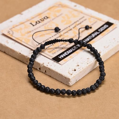 MASSIVE BEADS Handmade Yoga Natural Stone Crystal Healing Power Energy Gifts for Unisex Adult Bracelet Macrame Adjustable - color: Black Lava(Calm), size: 4mm
