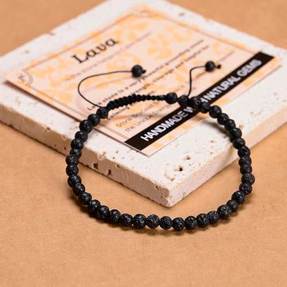 MASSIVE BEADS Handmade Yoga Natural Stone Crystal Healing Power Energy Gifts for Unisex Adult Bracelet Macrame Adjustable - color: Black Lava(Calm), size: 4mm