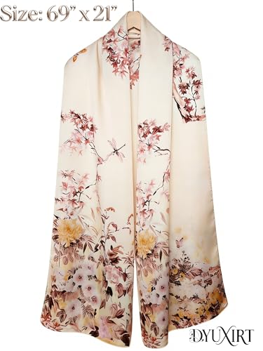 100% Mulberry Silk Oversized Women’s Sun-Shielding Shawl Formal Evening Neckwear Featherlight Airy - color: N1-blossom Silk Scarf（69" X 21"inch）