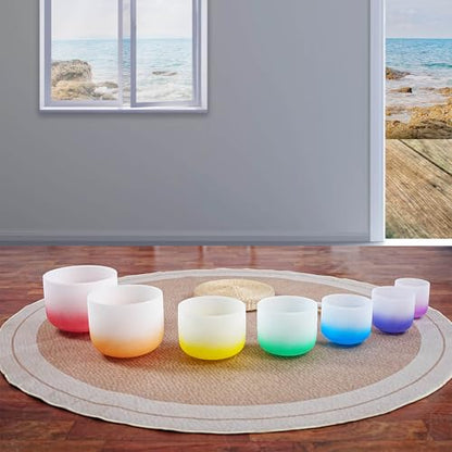 6-12inch 432hz Quartz Crystal Singing Bowls Set of 7 Gradient Design, for Mindfulness Meditation Yoga Sound Baths - color: Gradient Singing Bowls, size: 6-12 inch A-G Note 432hz