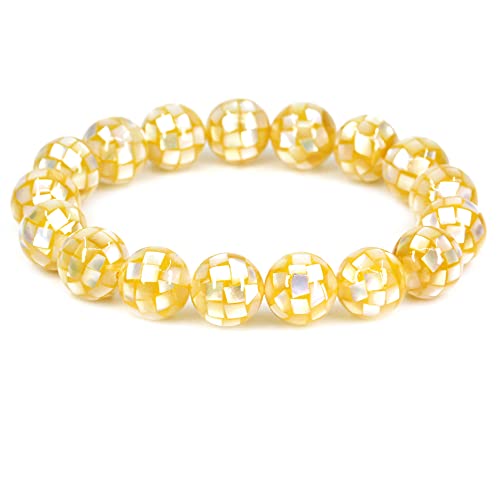 Keleny Semi Precious Stones Natural Gemstones 12mm Round Beads Crystal Stretch Bracelets 7 Inch Unisex - color: Mosaic Yellow Shell