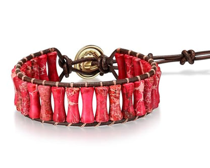 Inspirational Gifts Healing Bracelets for Women，Get Well Soon Encouragement Gifts for Women Friends Sister Mom，Handmade Natural Stone Healing boho Friendship Jewelry for women - color: Red - Black Leather