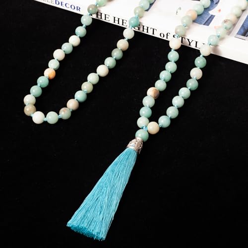 108 Mala Beads Natural Stone Japamala Yoga Prayer Rosary Meditation Hand Knotted Beaded Tassel Necklace for Women Men