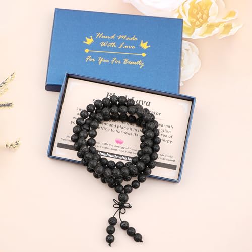 AD Beads 6mm 8mm 108 Prayer Mala Jasper Elastic Bracelet - Handmade Yoga Meditation Healing Power Energy Gifts for Unisex Adult. - color: Black Lava(Warmth)