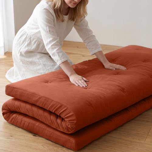 ZonLi Japanese Floor Futon Mattress Twin Size 75"x 39", 100% Cotton Cover 4" Thicken Tatami Mattress, Foldable Sleeping Pad, Portable Dormitory Tatami Mat, Roll Up Floor Lounger Bed for Adult - color: Cinnamon, size: Twin(75"L x 39"W x 4"Th)