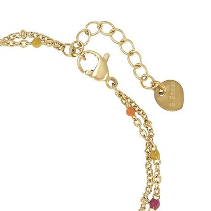 Made by Nami Dainty Gold Link Bracelets for Women Adjustable Double Layered Gold Chain Bracelet with Colorful Beads 7.5" + 2" Chain Extension - color: Colorful