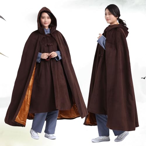 Winter Meditation Robe Hooded Trench Coat Cloak Double Layer Plush Buddhist Capes Unisex with Pockets - color: Coffee, size: Large