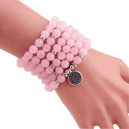 8mm 108 Mala Beads Wrap Bracelet Necklace for Yoga Charm Bracelet Natural Gemstone Jewelry for Women Men - color: Powder Crystal
