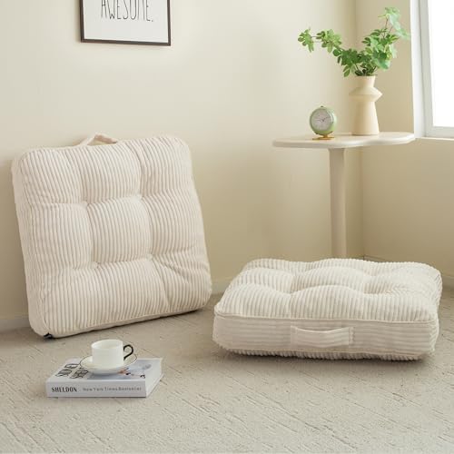 HIGOGOGO Floor Pillow Cushion for Adults, Meditation Cushion Pillow, Large Square Floor Sitting, Tufted Corduroy Cover, for Tatami Living Room or Yoga, 22x22 Inch, 2Pack, Beige - color: Square Beige, size: 4" Thick(Pack of 2)