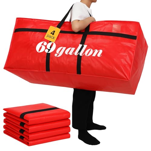 Windyun 4 Pack 69 Gallon Extra Large Moving Bags XXL Heavy Duty Storage Bag with Strong Zipper Handle Jumbo Big Tote Box Foldable for College Dorm Travel Clothes Duffle Blanket Pillow(Red) - color: Red, size: 69 Gallon