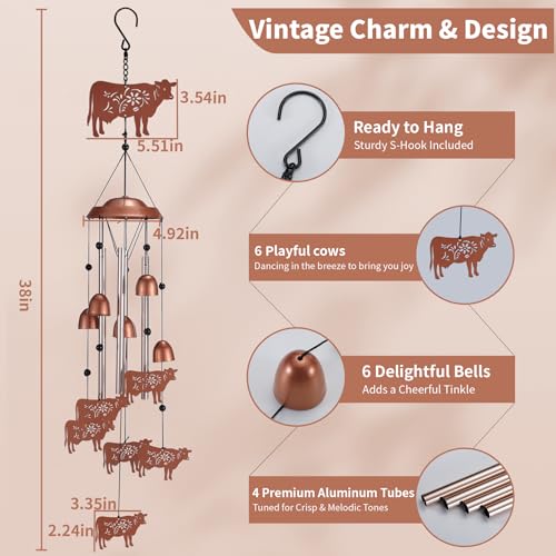 Cow Wind Chimes Outdoor, Metal Heifer Gifts for Women Mom Memaw, Rustic Western Farmhouse Garden Yard Decor Windchime - size: Cow