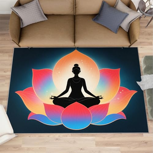 Yoga Rug, Abstract Lotus Rugs for Living Room, Meditation Washable Rugs for Bedroom, Low Pile & Non Slip, Indoor Carpet, 3x4 Area Rug & Home Decor