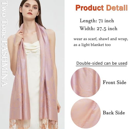 Pashmina Shawl Wrap with Ethnic Paisley Two Tone Jacquard Scarf for Women - color: Paisley-pink