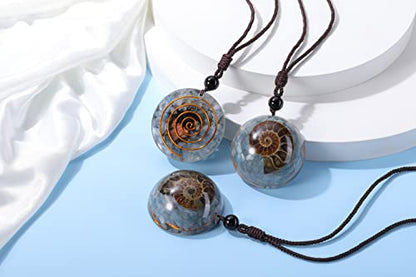 Jovivi 7 Chakra Gemstone Reki Healing Crystal Necklace Round Circle Shape Ammonite Fossil Resin Chip Stones Pendant Necklace for Women Men Life Tree Jewelry Christmas Gifts - color: Ammonite Fossil - Aquamarine
