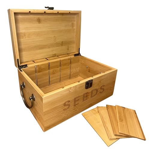 Bamboo Garden Seed Storage Organizer Box, Wooden Seed Box with Removable Dividers, Metal Handle and Latch, Seed Keeper Organizer for Garden Seed Packets and Storage (10.59 x 7 x 5.12 in)