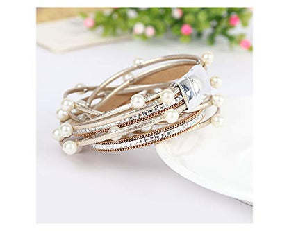 Fesciory Leopard Bracelet for Women, Boho Leather Wrap Multi-Layer Pearl Crystal Bracelet Bangle Jewelry - style: Gold Pearl-Double Wrap