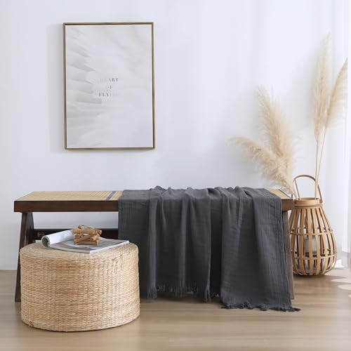 100% Cotton Muslin Throw Blanket for Bed, Couch, Small, Decorative, Soft, Pre-Washed, Breathable and Lightweight Gauze Blanket with Tassels(Dark Grey, 50"x60") - color: Dark Grey