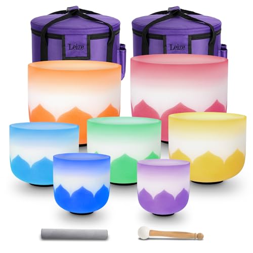 Leize 6-12 inch Lotus Design Colored Rim Chakra Tuned 432hz Set of 7 Quartz Crystal Singing Bowls with Heavy Duty Carrying Cases and Singing Bowl Mallet Suede Strikers