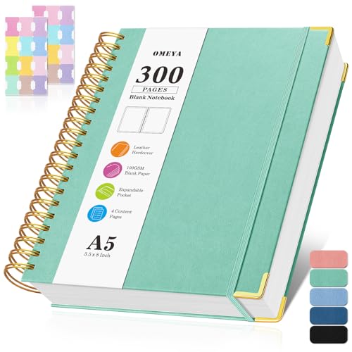 Blank Spiral Notebook: Leather Sketch Book, 300 Pages Hardcover Unlined Notebook for Women Men,100GSM Thick No Bleed Paper Journal, A5 Small Art Sketchbook for Drawing Writing Work, 5.5" x 8", Green - color: Green, size: A5