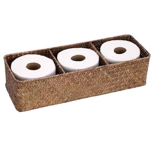 Hipiwe Handwoven Wicker Storage Box 3 Sections Seagrass Basket Bin Toilet Paper Holder for Bathroom Shelf Organizer for Kitchen Living Room, Coffee Color - color: Coffee, size: Large
