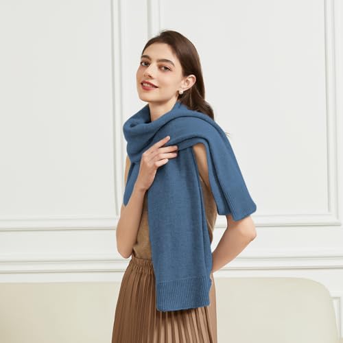 BRYCTSISEN Women's Lightweight Wool Shawl Wrap Scarf with Sleeves Outer Warm Knitted Open Front Poncho Cape Fall Winter - color: Blue