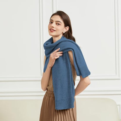 BRYCTSISEN Women's Lightweight Wool Shawl Wrap Scarf with Sleeves Outer Warm Knitted Open Front Poncho Cape Fall Winter - color: Blue