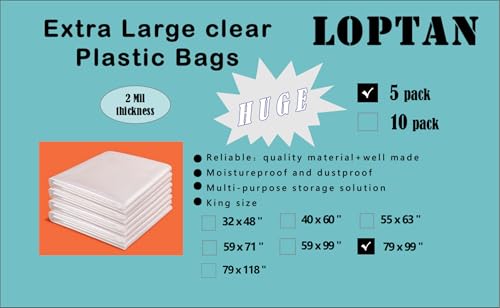 Extra Large Plastic Storage Bags 79 x 99 inches Huge Clear Giant Storage Bags Perfect for Moistureproof, Dustproof, Business Packing, Industry or Agriculture Use and More (5 Pack) - size: 79 x 99"