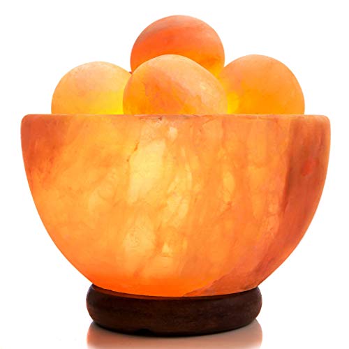UMAID Himalayan Salt Lamp Bowl with 6 Himalayan Salt Massage Stones, Dimmable Pink Rock Salt Lamp for Bedroom, Office Desk & Meditation Room, Spa Decor, Relaxation Home Decor Gifts for Men & Women - style: Massage Bowl