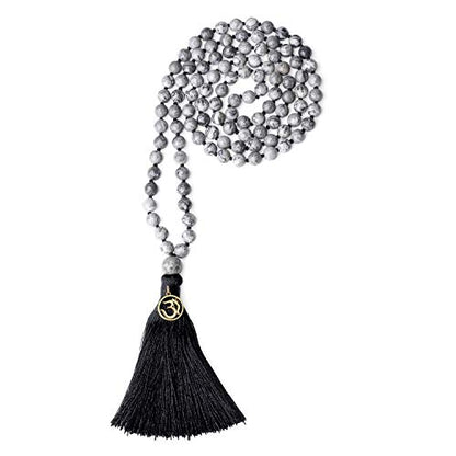 COAI OM Charm Hand Knotted Tassel 108 Mala Beads Necklace - color: Map Jasper, size: 8mm