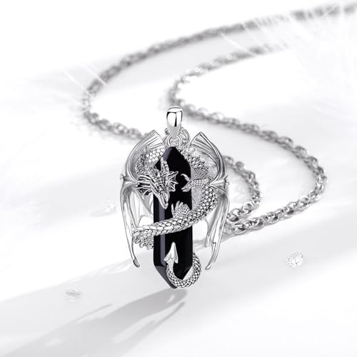 INFUSEU Unique Dragon Necklaces with Healing Crystal Stone for Men Women, Personalized Spiritual Gifts, 24 Inch Chain - color: Black Obsidian